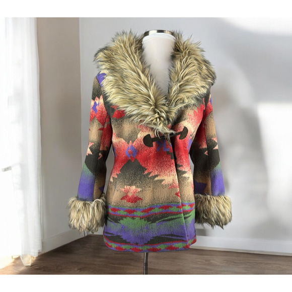 Tasha Polizzi Jackets & Blazers - Tasha Polizzi Aztec Southwestern Blanket Coat Faux Fur Hooded Large *NO BELT*